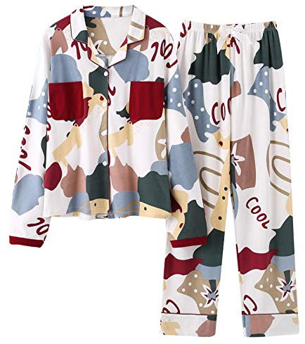 Pyjama Damen Nachthemd Schlafanzug Mode Nachtwäsche Damen Baumwolle Cute Pyjamas Mädchen Langarm Tops Hosen Mit Taschen Dot Casual Lounge Wear M 004