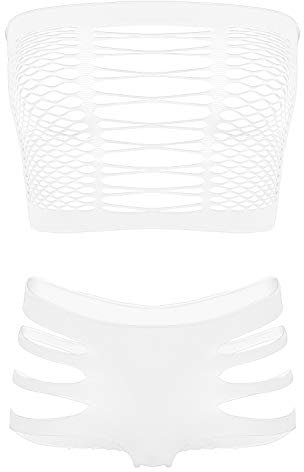 FEESHOW Micro Bikini Femme Ensemble Lingerie de Nuit Maillot de Bain Deux Pièces Haut de Bain Bandeau Soutien Gorge Push Up avec Bandage String Ficelle Ouvert Transparent Swimwear Blanc OneSize