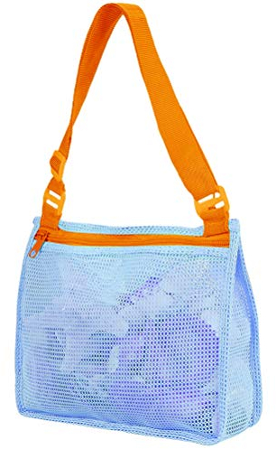 CICILIAYA Mesh Beach Bag, Shell Net Tote, Foldable Seashell Collecting Sand Bags for Kids Toddlers Boy Girl Holding Pool Beach Accessories Toy Shells Clothes Towels (Blue)