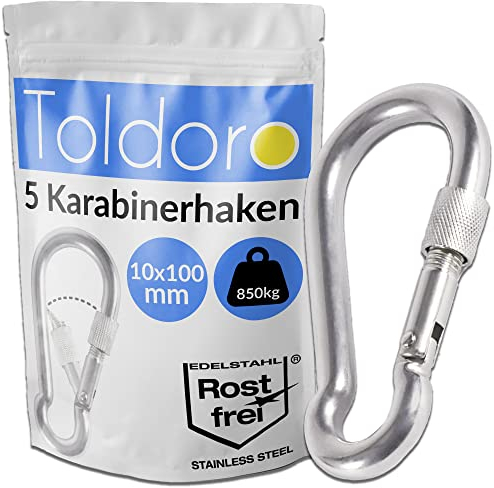 Toldoro® 5X Edelstahl Karabiner mit Schraubverschluss 100mm Rostfrei - NIRO AISI 316 V4A / Karabinerhaken Klein für Schaukel, Hängematte oder Sonnensegel/Schraubkarabiner/Karabiner Set