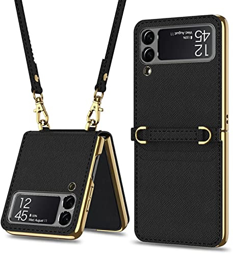 Coque COQUE pour Samsung Galaxy Z Flip 3 5G, Housse de téléphone Pliable avec Carte de beauté à Motif croisé, Noir