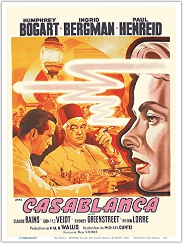 Casablanca – Staring Humphrey Bogart und Ingrid Bergman – Vintage-Filmposter von Pierre Pigeot c.1942 – Meister-Kunstdruck 22,9 x 30,5 cm