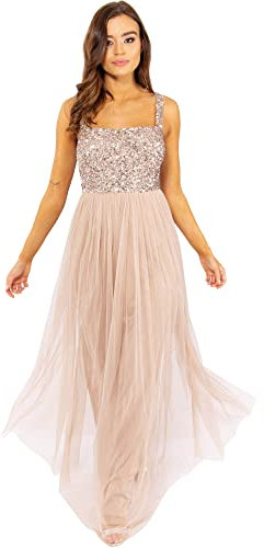 Maya Deluxe Women's Ladies Womens Maxi Wide Straps Sleevless Square Neckline Embellished for Wedding Guest Prom Bridesmaid Dress, Taupe Blush, EU 50(UK 22)