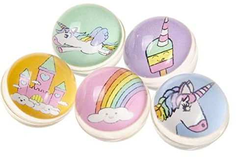 BEMIRO 5er Set Einhorn Flummi mit Banderole - ca. 3 cm Durchmesser, Flummies für Kinder, Flummis Kindergeburtstag, Einhorn Flummi