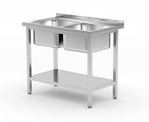 HENDI Doppelspültisch, mit Ablagefläche, geschraubt, Doppelbecken, Gastrospüle, zur Selbstmontage, Abfluss: ø52mm, Öffnung für Wasserhähnen: ø30mm, Aufkantung: 40mm, 1000x600x(H)850mm, Edelstahl