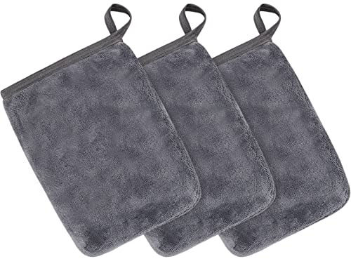 KinHwa Waschlappen Waschhandschuh Frottee Waschbar Abschminkhandschuh Mikrofaser Handschuh Gesicht Weich & Wiederverwendbar 15cm x 20cm 3 Stück Grau