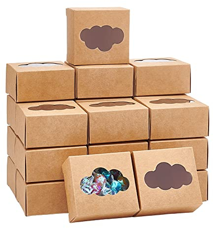NBEADS 24 Pz Scatole di Carta Kraft, Marrone Bakery Box Modello Nuvola Pastry Box con Finestra Mini Cake Box 7,6×7,2×4 cm per Dolci Biscotti Torta Ciambelle Macaroon