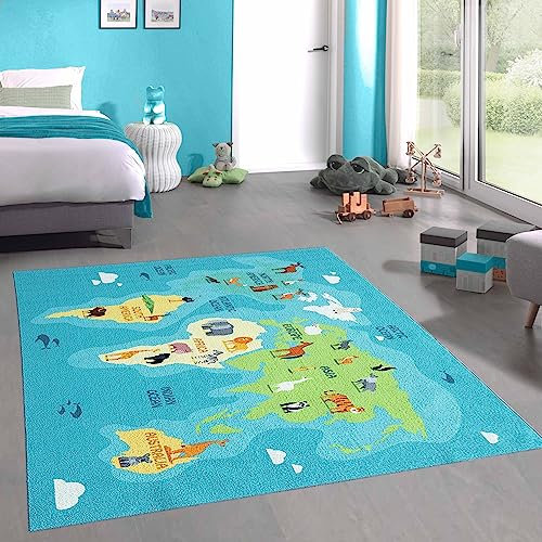 CARPETIA Großer Lernteppich für Kinder „Tiere & Kontinente spielend Lernen“ Weltkarte türkis-blau, 240 x 340 cm
