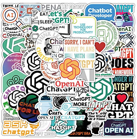 50 Pcs Chat Gpt Stickers Waterproof Funny Ai Robot Stickers for Laptop Skateboard Scrapbook Luggage Bicycle Water Bottle Computer Phone Guitar Car,Vinyl Aesthetic Stickers for Kids Teens Adults