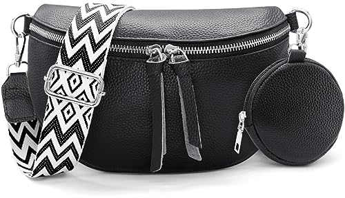 HNOOM Crossbody Bag Damen Breiter Gurt Echtleder Bauchtasche Damen Stylisch Brusttasche mit Münze Geldbeutel, Umhängetasche Damen Klein Moderne Taschen mit Breitem Schultergurt (Schwarz)