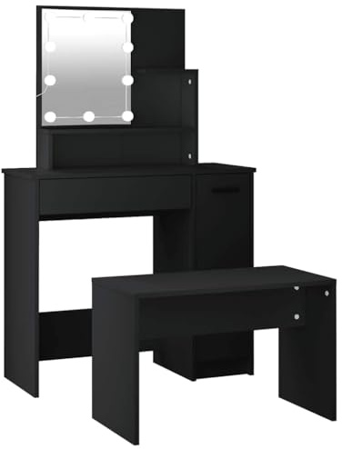 vidaXL Schminktisch Set, Frisiertisch mit LED Beleuchtung, Kosmetiktisch mit viel Stauraum, Schlafzimmer Tisch Make up Tisch, Modern, Schwarz Holzwerkstoff