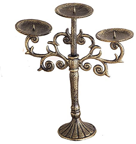 Antique Cast Iron Candlestick Holders for Pillar Candles, Small Bronze 3-arm Candle Holder Stand for Farmhouse/Home Table Centerpiece/Patio/Garden Decor Decoration