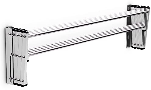 HOMASIS Tendedero Extensible Pared con 8 Barras, Tendedero Pared Plegable Exterior y Interior para Todo Tipo de Ropa, Estante de Secado para Baño, Balcón, hasta 25 kg, Plata (86 X 9-64 X 22 CM)