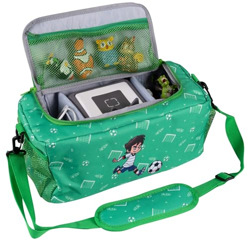 bunnyboo Toniebox Tasche für 30 Hörfiguren - Ideale Tonie Aufbewahrung - Tonie Tasche XXL - Ausreichend Platz für Toniebox, Hörfiguren, Ladekabel und Kopfhörer - Inkl. Schultergurt (Fußball)