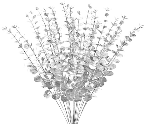 ABAJI Eucalyptus Stems 12 PCS Fake Faux Decorations with Artificial Leaves Grey Greenery Plant Leaf Suitable for Home Office House Table Desk Decor Wedding Party Vase Forever Live (Silvery)