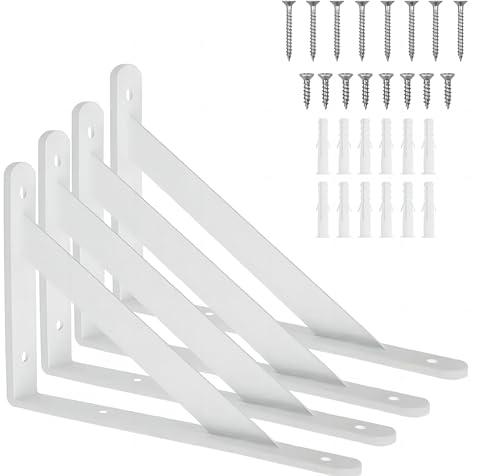 Regalträger mit Schrauben, 4 Stück 250 x 160 mm Wandmontage Regalhalterungen aus Metall, 90 Grad Schwerlast Wand Winkel Träger, Massive Wand Regalstützen, L-Regalwinkel Weiße Regalhalter