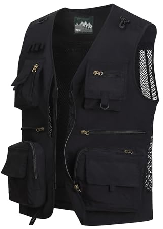 MeiLayM Herren Outdoor Weste Anglerweste mit Mehreren Taschen Leicht Fotografie Weste Sommer Multifunktionsweste Camping Jagd Weste Atmungsaktiv Ärmellos Jacke Schwarz,3XL