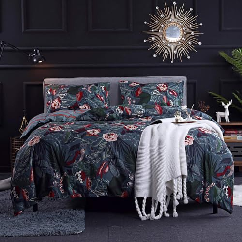 AShanlan Bettwäsche 155x220 Blumenmuster Blätter Microfaser Bettbezug Set Pflanzenmotiv Streifen Wendebettwäsche mit Kissenbezug 80x80 cm und Reißverschluss