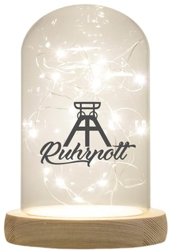 WB wohn trends LED-Glaskuppel, Ruhrpott Förderturm, 16,5x11cm, Glasglocke mit LED-Licht und Holz-Fuß LED-Laterne LED-Lampe mit Text Spruch