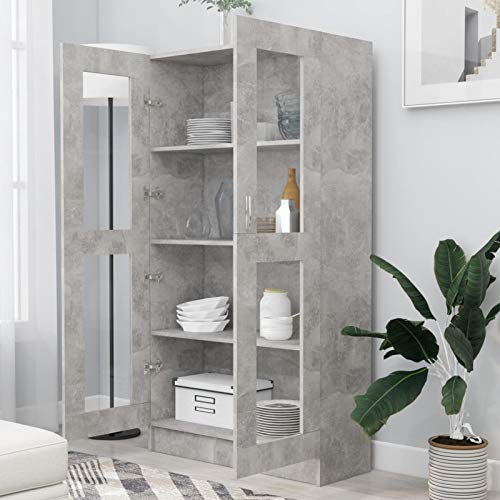 Homgoday Vitrine en verre avec 4 compartiments et 2 portes, meuble de salon, buffet, salle à manger, buffet cuisine Vitrine en bois d'ingénierie Gris béton 82,5 x 30,5 x 150 cm