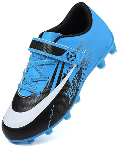 Dhinash Zapatos de Fútbol Niño Botas de Fútbol Tacos Zapatillas de Fútbol Cesped Artificial Aire Libre Zapatillas Deportivas Adolescentes Zapatos de Entrenamiento Negro Azul Talla 30