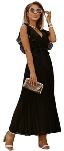 HEYPORK Damen Frühling Sommer Kleider Bequem Lässig Kleid Mode Elegant Röcke Frauen Temperament Langes Kleid Geraffte Ärmel Chiffon Faltenrock Feste Farbe Kleider(Schwarz, XL)