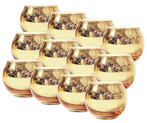 12 Pièces Bougeoirs Votifs Ronds Dorés, Bougeoirs en Verre Boule Moucheté doré, Bougeoirs Chauffe-Plat pour la Décoration de la Maison, Centre de Table, Décoration de Mariage et Décorations de fête