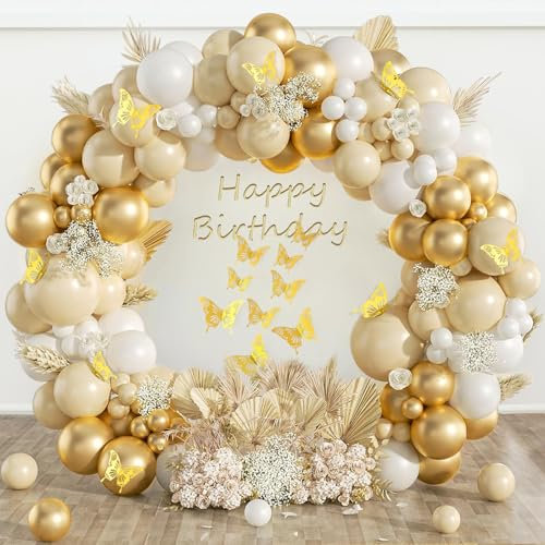 Cream White Sand Gold Balloons Arch Kit, 154 Pcs White and Gold Balloons Arch Kit with Butterfly Sticker for Wedding, Baby Shower, Reveal Bridal Shower, Women men Birthday Party Decoration