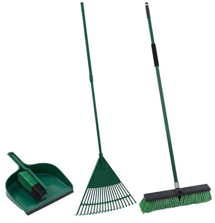 JVL Garden Clean Up Bundle: Includes Outdoor Broom, Dustpan and Brush and Telescopic Rake