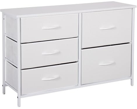 Chest of drawers bedroom white storage unit wooden metal frame tv stand dresser home office living room furniture fabric large deep 5 drawers organiser tall wide hallway entryway (White, 5 Drawers)