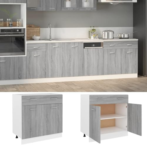 Homgoday Armario Inferior de Cocina Contrachapada Gris Sonoma 80x46x81,5 cm - Mueble Bajo Con Cajones, Sin Encimera