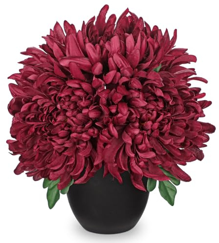 Hollyone 25CM Artificial Chrysanthemum Flowers in Pot, Dark Red Fake Silk Chrysanthemums, Faux Spider Mums with Black Pot for Home Decor, Living Room, Kichen, Dining Room, Table, Desk, Shelf, Grave