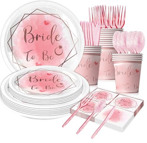65 PCS Bridal Party Tableware set, Bridal Party Supplies Bachelorette Paper Plates Napkins Cups CakeToper, Pink Party Tableware Set for Bride Wedding, Decor for Engagement Wedding Party