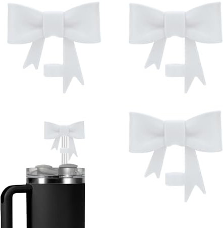 3pcs Bow Straw Toppers, Compatible with Stanley 30 & 40oz Cup Silicone Bow Straw Covers Cap Reusable Dust-Proof Bow Shape Straw Lids for 10mm Cups Straws Accessories(White)