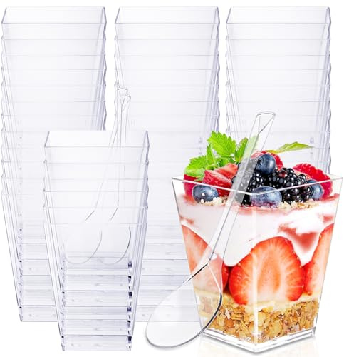 50 Piezas Vasitos de Plástico para Postres 160 ml con 50 Cucharas, Vasos de Postre Transparentes Reutilizables, Vasitos Cuadrados para Mousse, Pudín, Helado, Tiramisú, Catering, Cumpleaños y Bodas
