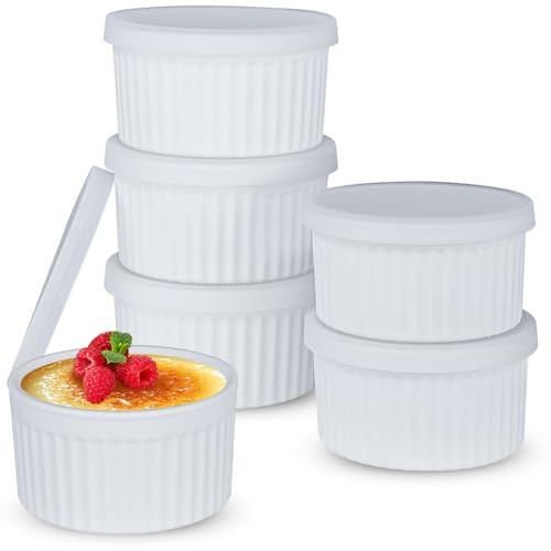 Koluti 8oz Nonstick Silicone Ramekins with Lids, 6-Pack Oven Safe Creme Brulee Baking Bowls Souffle Pudding Cups, Ice Cream Dessert Snack Food Storage Contianer, BPA Free, Freezer & Dishwasher Safe