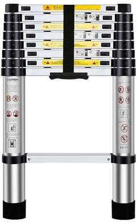 Telescopic Ladder 2.6m/8.5ft, Extendable Ladder Stainless Steel Portable, Adjustable Step, Non-Slip Feet, Max Load 150kg, for Lofts, Home Maintenance, Warehouse Organisation, etc.