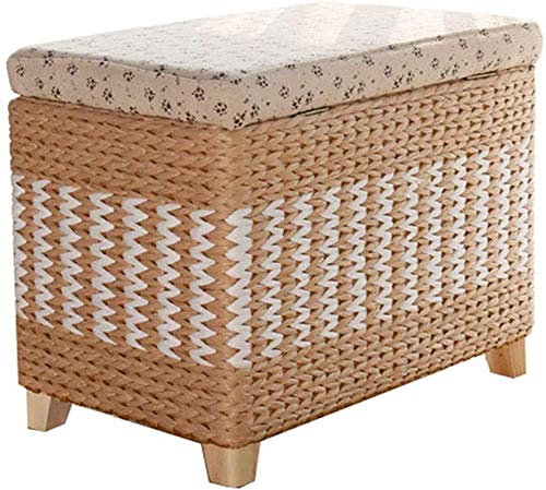 HYBMRQVD Handgefertigter Aufbewahrungskorb aus natürlichem Rattan, Ottomane, multifunktionale Korbtruhe mit Massivholzstruktur für Wohnzimmerdekor, 60 x 30 x 40 cm