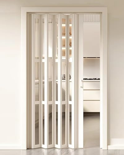 Puerta plegable de acordeón de madera de grano de madera, puerta de baño de acordeón múltiple, reemplazo de armario, panel de pantalla retráctil estilo granero con asa (90 cm x 101 cm)