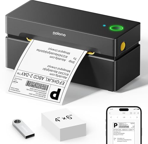 POLONO DHL Etikettendrucker Bluetooth, 4x6 Thermodrucker Versandetiketten Drucker, Ettikettendrucķer Label Printer Kompatibel mit Amazon, Ebay, Shopify, Etsy, USPS, iOS, Android, Windows, Mac, schwarz