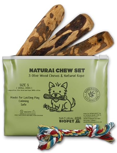 Jouet à Mâcher pour Chiot et Chien, Taille S | 3 Bois d'Olivier + Corde | 100% Naturel | Jouet Durable | Élimine Le Tartre | Baigné dans l'huile d'olive (15cm) | Corde (18cm)