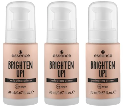 essence BRIGHTEN UP! perfecting primer, Nr. 02, Nude, feuchtigkeitsspendend, abdeckend, grundierend, natürlich, vegan, ohne Parabene, ohne Mikroplastikpartikel, Nanopartikel frei, 3er Pack (3x20ml)