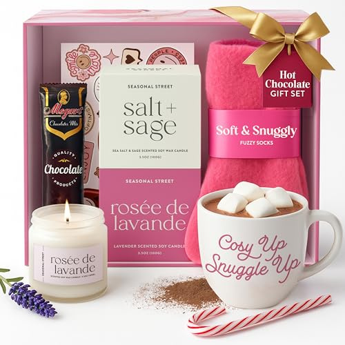 Pamper Gifts for Women - Hamper Gifts for Women with Scented Candle, Pink Socks, Hot Chocolate Sachet, Best Wishes Card
