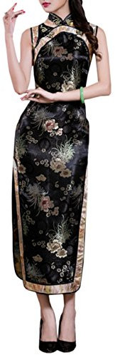 XueXian(TM) Femme Rétro Elégant Cheongsam Qipao Long sans Manche Robe de Soirée Mariage Chinois Traditionnel en Brocart (40-42/Asie XXL, Noir)