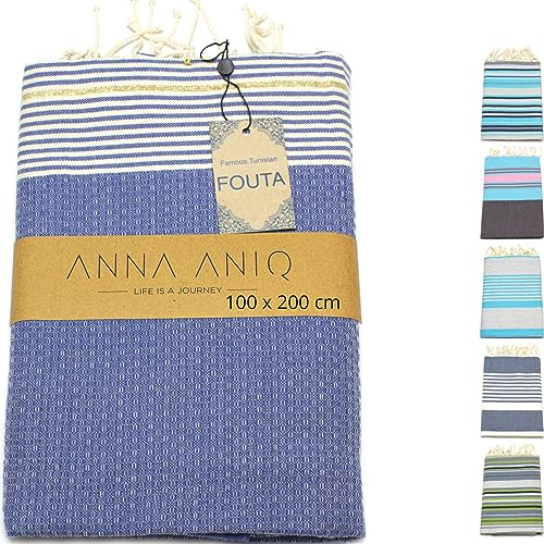 ANNA ANIQ Hamamtuch Fouta Sauna-Tuch XXL Extra Groß 197 x 100cm - 100% Baumwolle aus Tunesien ALS Strand-Tuch, orientalisches Bade-Tuch, Picknick, Yoga, Schal, Pestemal, Strand-Handtuch (Blau)