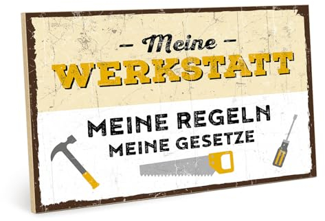 TypeStoff Holzschild mit Spruch – MEINE WERKSTATT, MEINE REGELN, MEINE GESETZE – im Vintage-Look mit Zitat als Geschenk und Dekoration zum Thema Heimwerken, Garage und Hobby - HS-00236