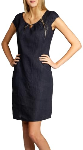 Caspar SKL020 knielanges Damen Sommer Leinenkleid mit eleganter Metallspange bis Größe 50, Farbe:dunkelblau, Größe:M - DE38 UK10 IT42 ES40 US8