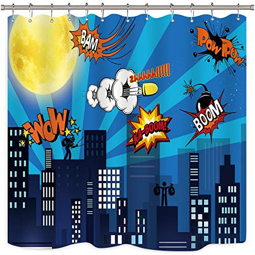 Riyidecor Lot de 12 rideaux de douche super héros City Wars style bande dessinée humoristique américain coloré dessin animé Boom Scream Splash Bang enfants garçons tissu polyester imperméable 183 x