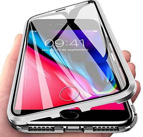 Eabhulie iPhone 8 Plus Funda, Metal Bumper con Adsorción Magnética + 360 Grados Vidrio Templado Cobertura de Pantalla Completa Carcasa para iPhone 7 Plus / 8 Plus Plata