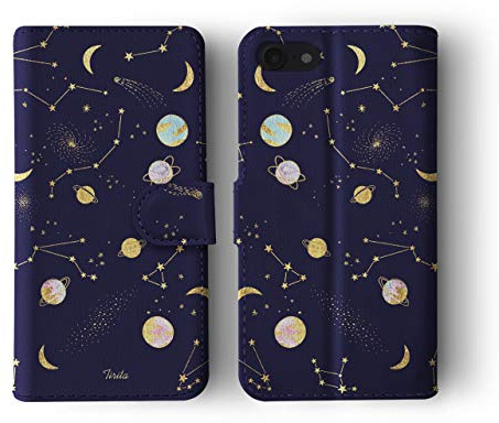 Tirita Wallet Leather Flip Phone Case Compatible with iPhone 11 PRINTED GLITTER, NOT REAL GLITTER Space Stars Moon Planets Navy Blue Constellation